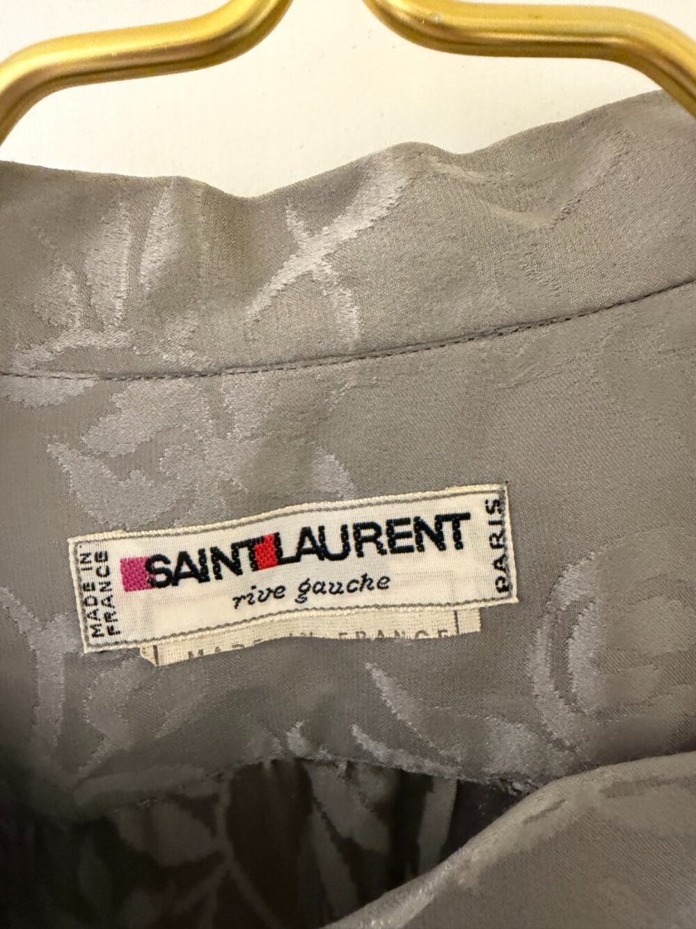 Vintage 1980s Saint Laurent Rive Gauche Silver Grey Silk Jacquard Shirt Dress